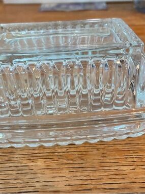 Hazel Atlas Glass Butter Dish Half-Stick Ridged Design Fitted Lid Vintage